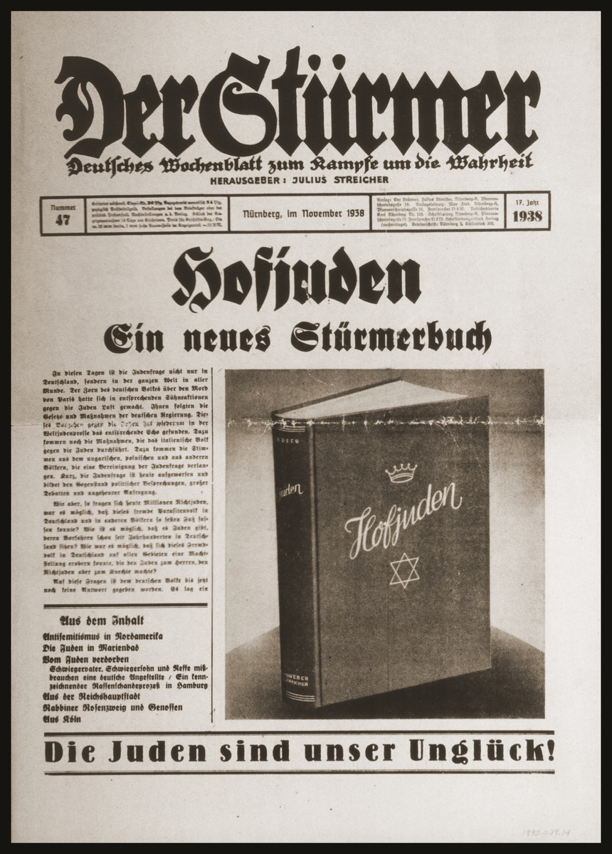 Front page of the Nazi publication, Der Stuermer, featuring an article and picture of the new "Stuermerbuch" [Stuermer publication], Hofjuden [Court Jews].