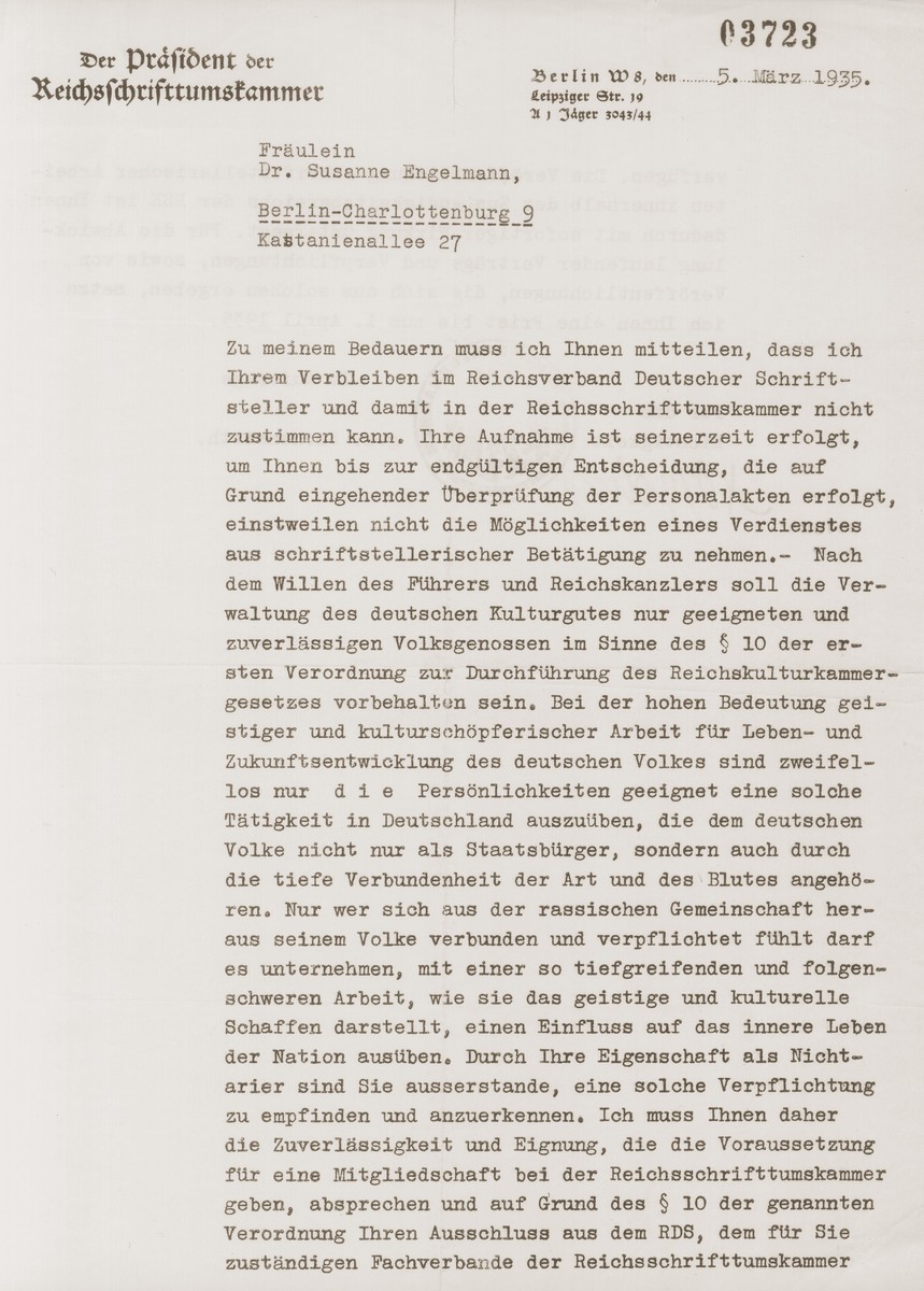 Letter to Susanne Engelmann from the president of the Reich Authors' Guild informing her that her membership cannot be renewed until her records have been reviewed.