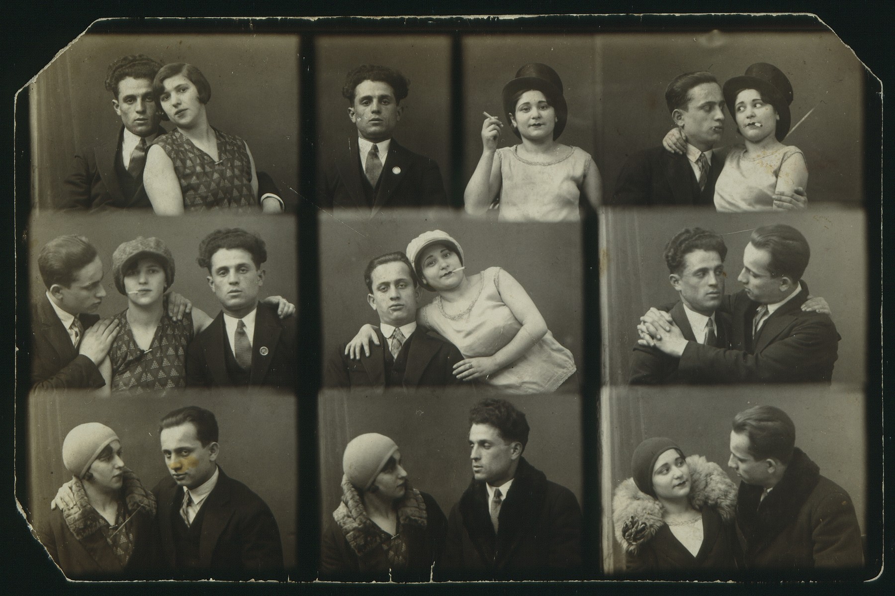 Composite photo of Jewish friends in humorous poses. 

The two men are Michael Portnoy and Avraham Jurdyczanski.  The woman was a friend from Vilna.  Only Michael Portnoy survived.
