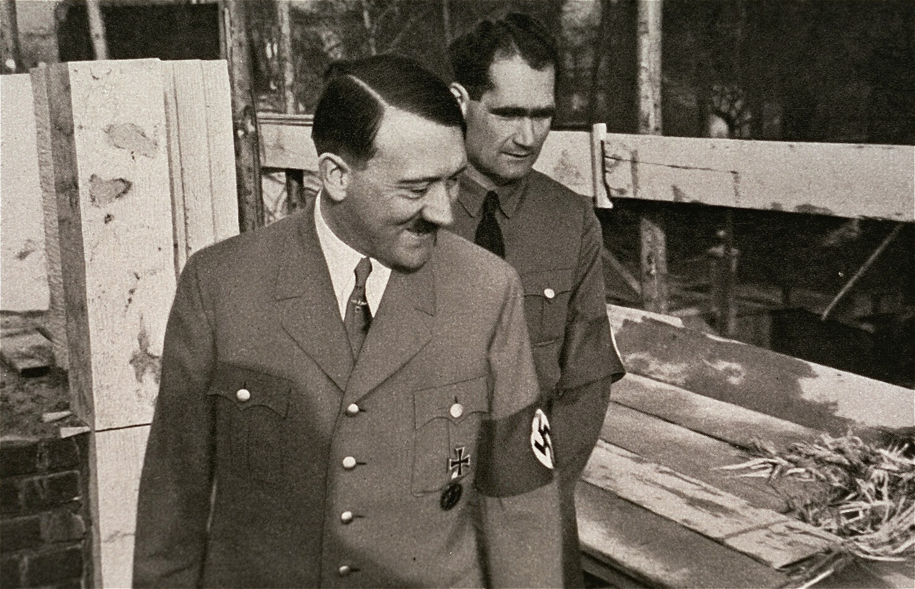 Hitler and Rudolf Hess inspecting the building of the Fuehrer's house in Munich.