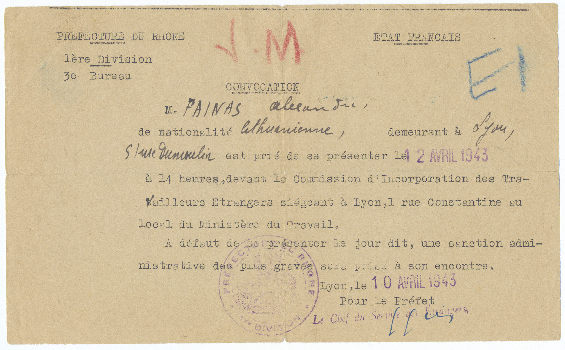 Document signed by the Prefecture of Rhone requiring Alexander Fainas to report in two days time.  Had he not run away, this would have been his deportation notice.