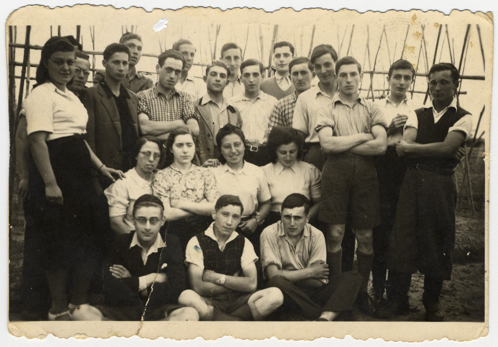 Group portrait of German religious Zionists in a hachshara (Zionist training camp) in Neuendorf.

Among those pictured is Joseph Schwarz, top row, seventh from the left.