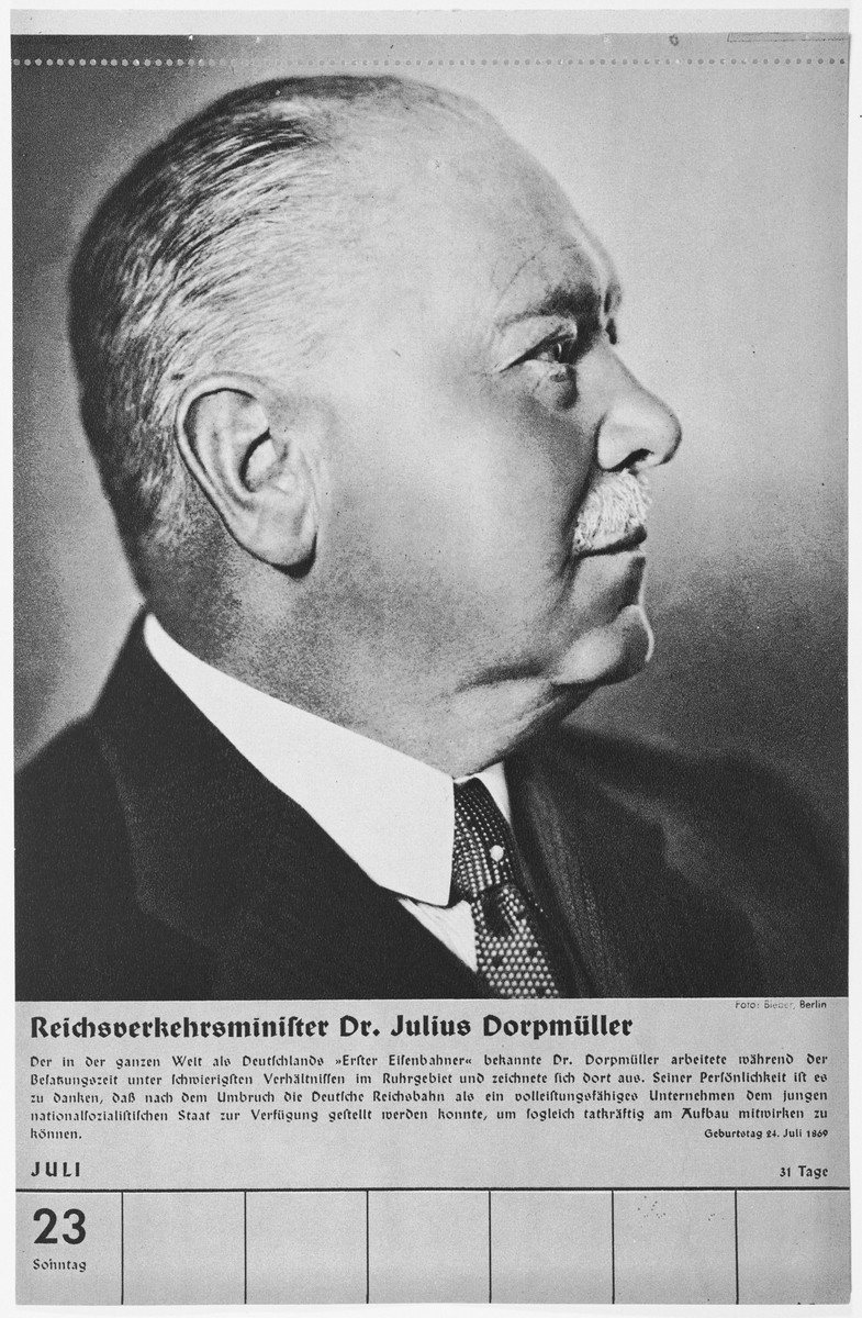 Portrait of Reichsverkehrsminister Julius Dorpmueller.

One of a collection of portraits included in a 1939 calendar of Nazi officials.