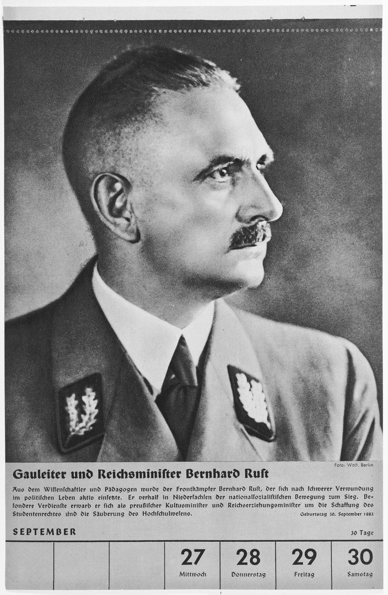 Portrait of Gauleiter and Reichsminister Bernhard Rust.

One of a collection of portraits included in a 1939 calendar of Nazi officials.
