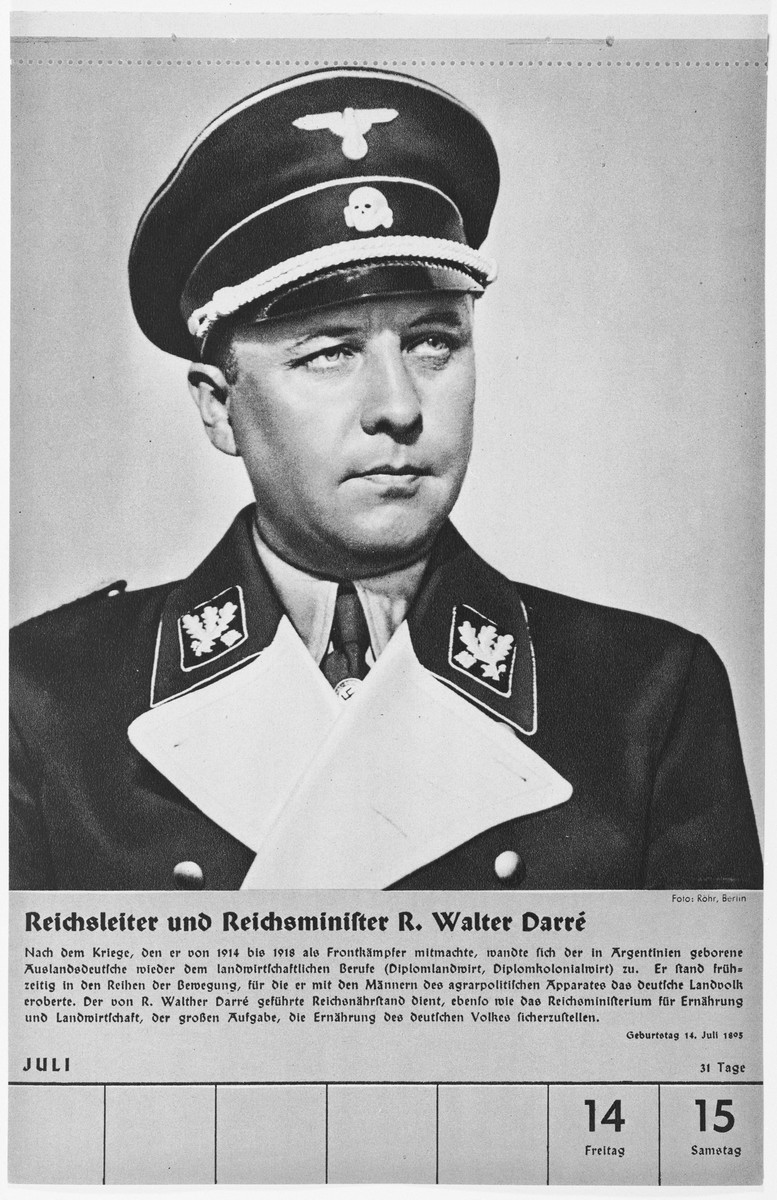 Portrait of Reichsleiter Reichsminister Richard Walter Darre.

One of a collection of portraits included in a 1939 calendar of Nazi officials.