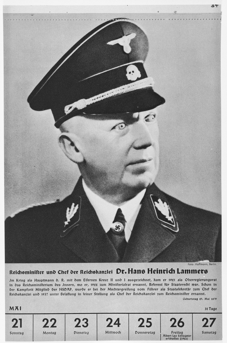 Portrait of Reichsminister Hans Heinrich Lammers.

One of a collection of portraits included in a 1939 calendar of Nazi officials.