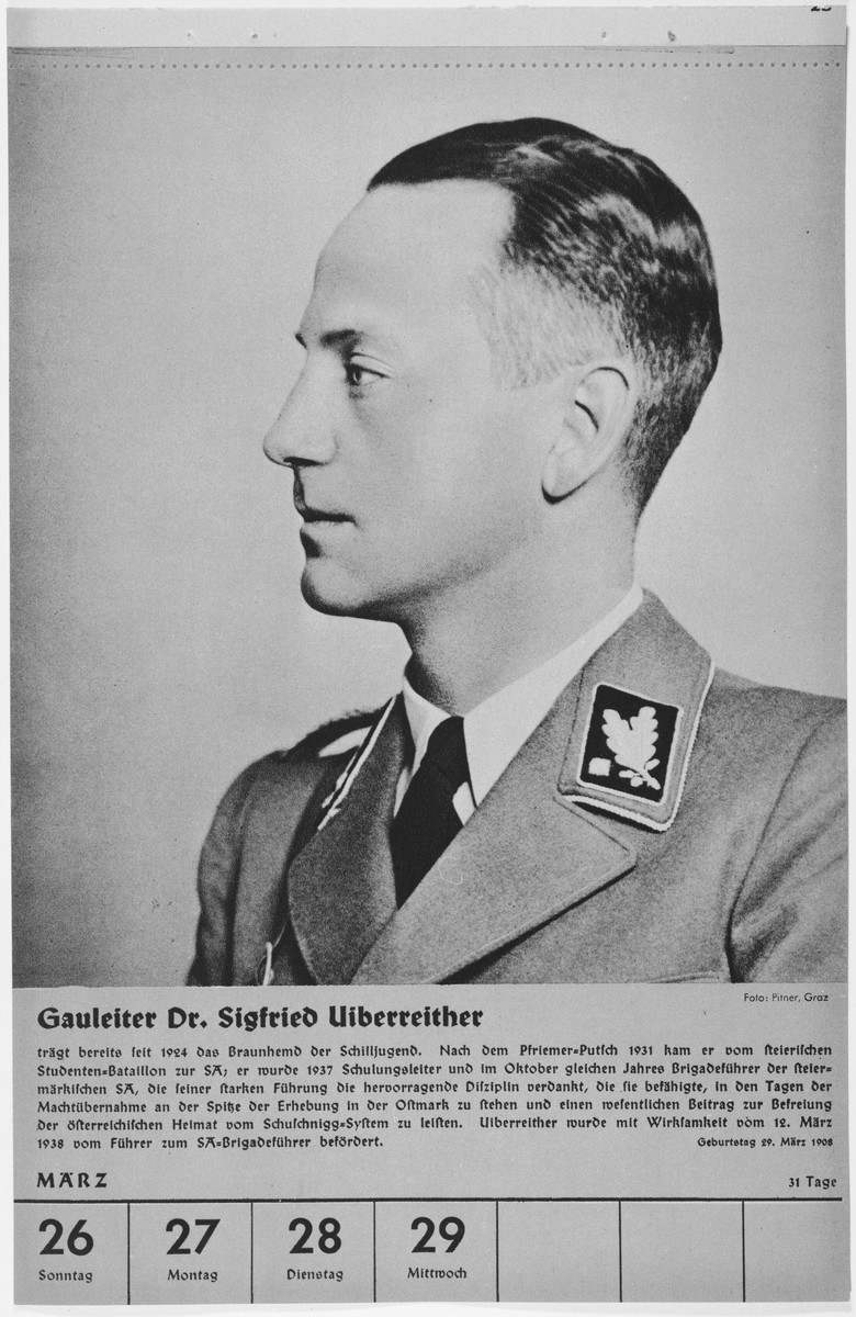 Portrait of Gauleiter Sigfried Uiberreither.

One of a collection of portraits included in a 1939 calendar of Nazi officials.