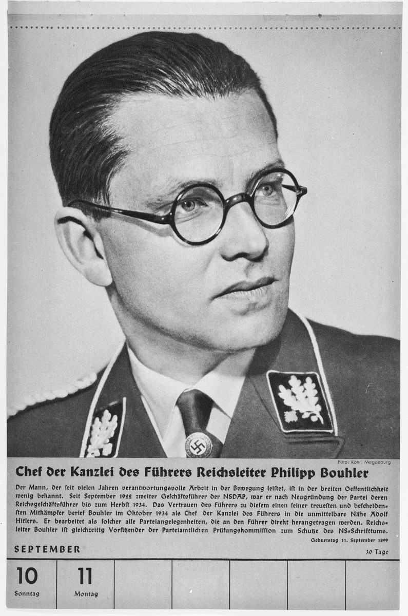 Portrait of Chef der Kanzlei des Fuehrers Reichsleiter Philipp Bouhler.

One of a collection of portraits included in a 1939 calendar of Nazi officials.