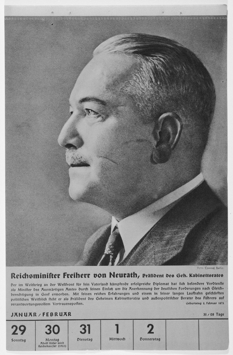 Portrait of Reichsminister Constantin Freiherr von Neurath.

One of a collection of portraits included in a 1939 calendar of Nazi officials.