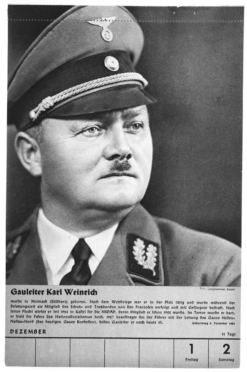 Portrait of Gauleiter Karl Weinrich.

One of a collection of portraits included in a 1939 calendar of Nazi officials.