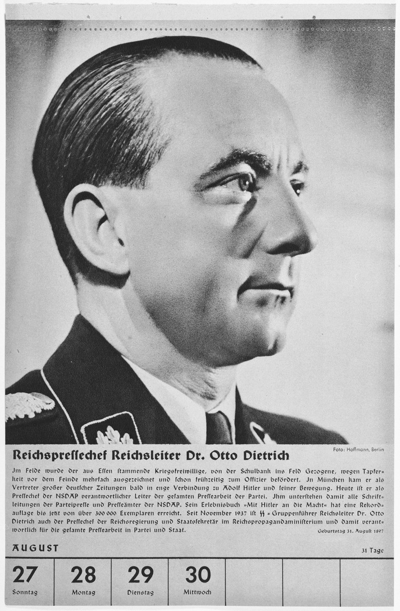 Portrait of Reichsleiter Otto Dietrich.

One of a collection of portraits included in a 1939 calendar of Nazi officials.