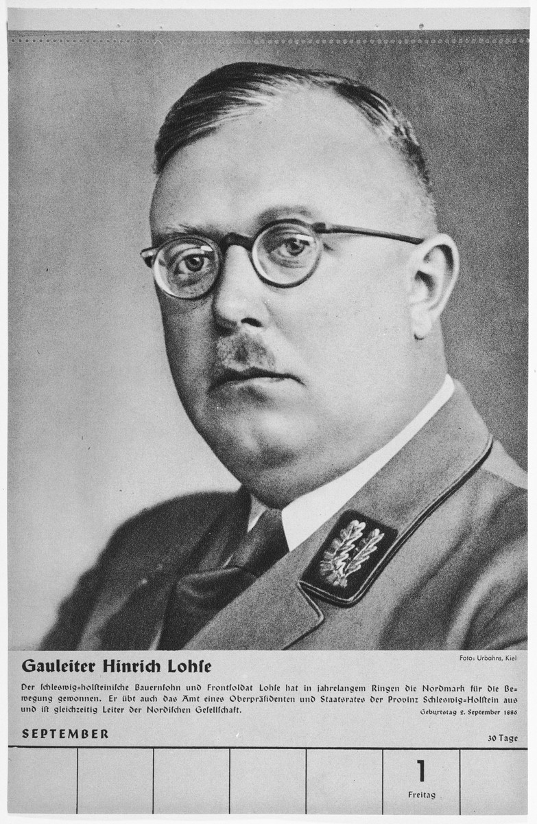 Portrait of Gauleiter Hinrich Lohse.

One of a collection of portraits included in a 1939 calendar of Nazi officials.