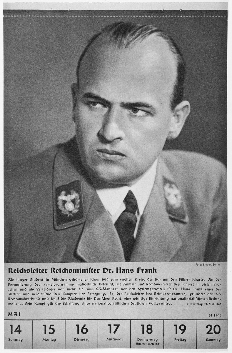 Portrait of Reichsleiter Reichsminister Hans Frank.

One of a collection of portraits included in a 1939 calendar of Nazi officials.