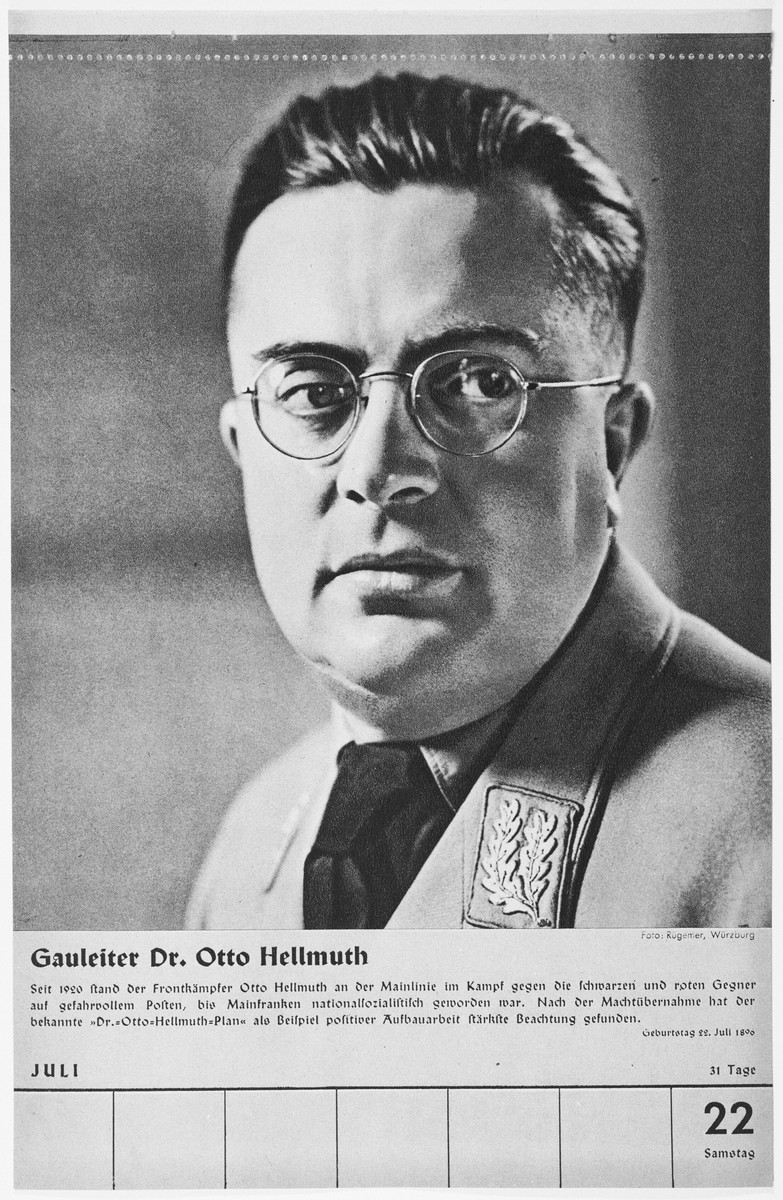 Portrait of Gauleiter Otto Hellmuth.

One of a collection of portraits included in a 1939 calendar of Nazi officials.