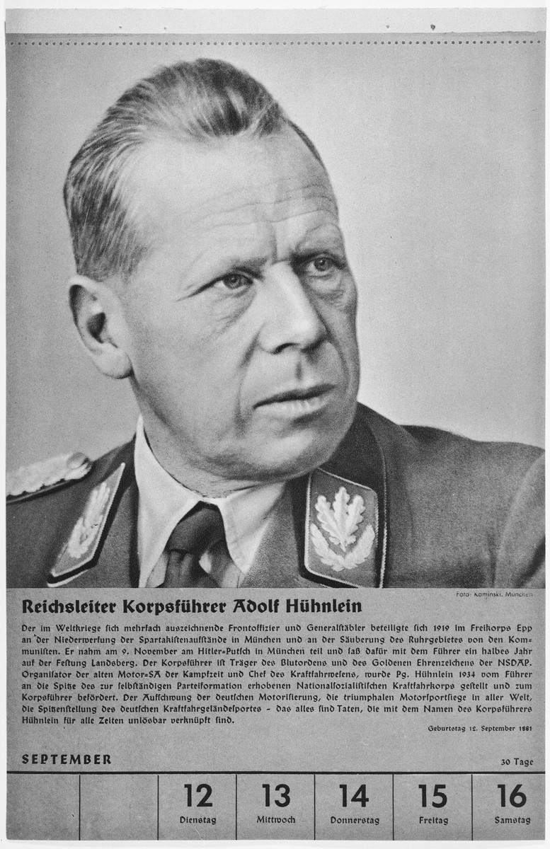 Portrait of Reichsleiter Korpsfuehrer Adolf Huehnlein.

One of a collection of portraits included in a 1939 calendar of Nazi officials.