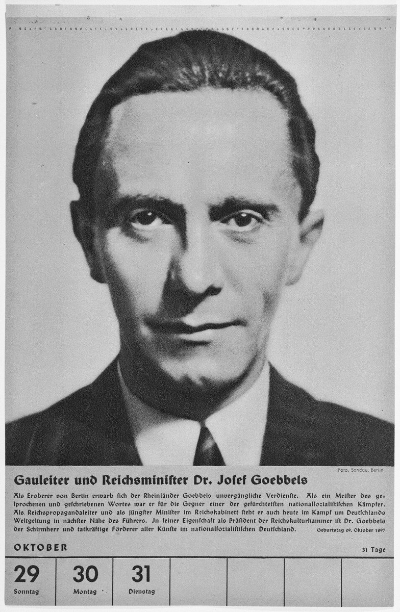 Portrait of Gauleiter und Reichsminister Josef Goebbels.

One of a collection of portraits included in a 1939 calendar of Nazi officials.