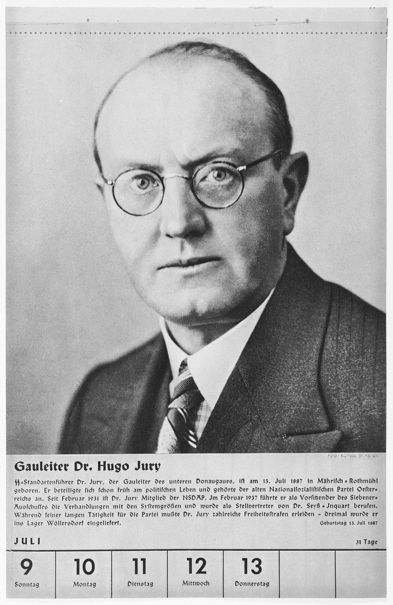 Portrait of Gauleiter Hugo Jury

One of a collection of portraits included in a 1939 calendar of Nazi officials.