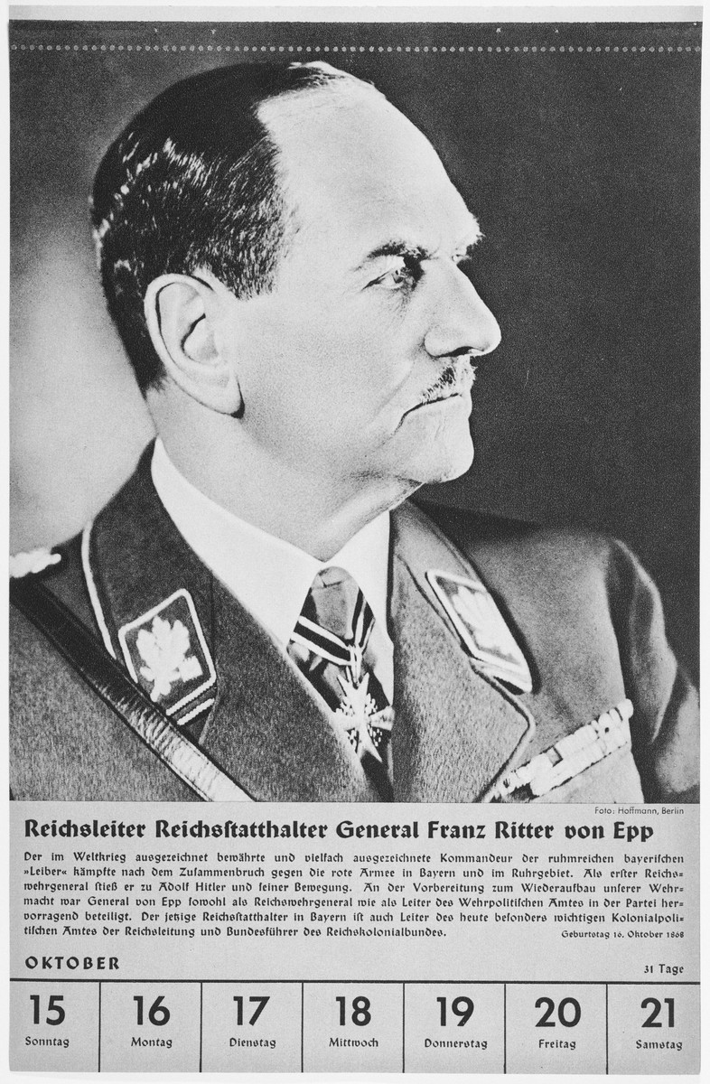 Portrait of Reichsleiter and Reischsstaathalter General Franz Ritter von Epp.

One of a collection of portraits included in a 1939 calendar of Nazi officials.