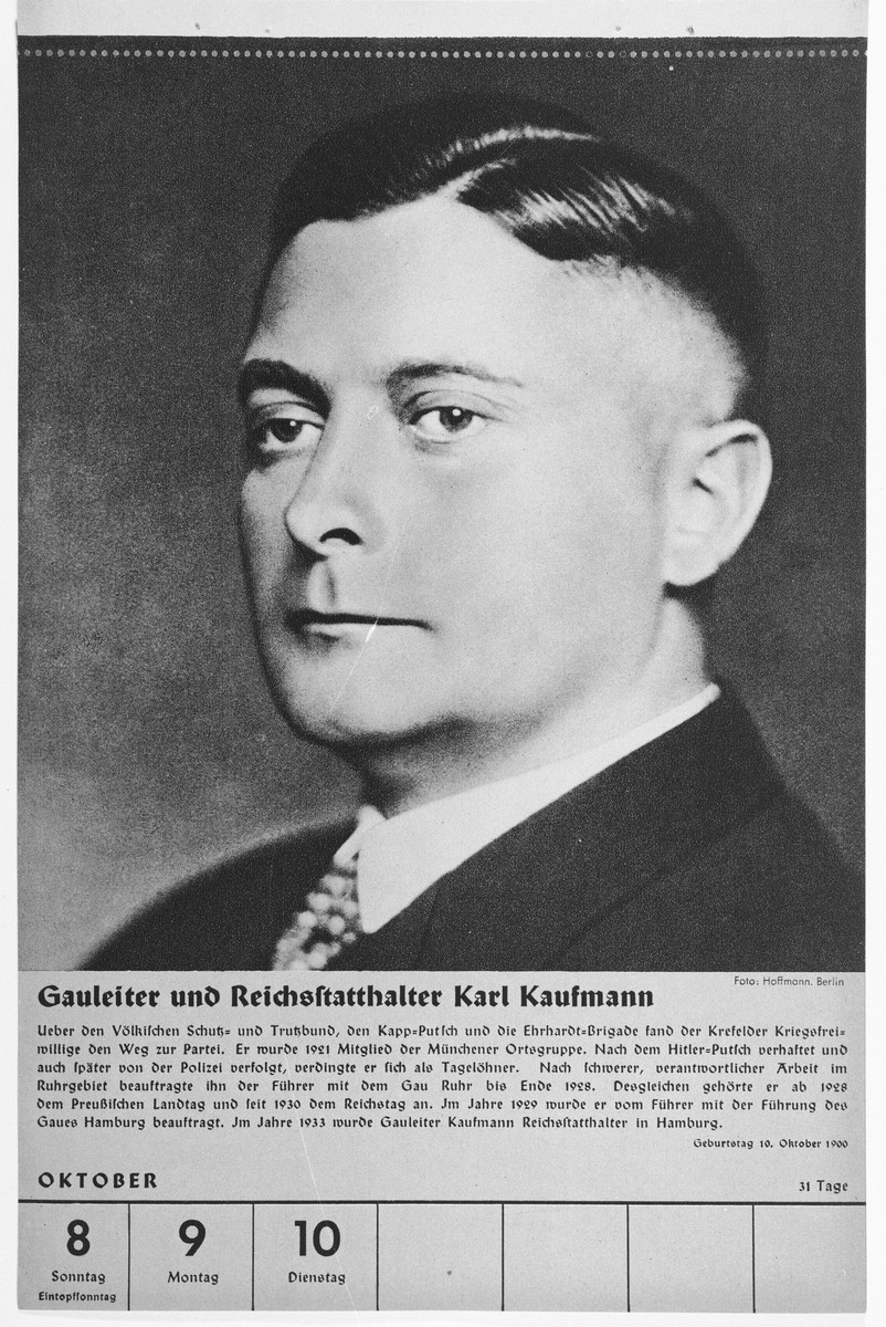 Portrait of Gauleiter and Reischsstaathalter Karl Kaufmann.

One of a collection of portraits included in a 1939 calendar of Nazi officials.