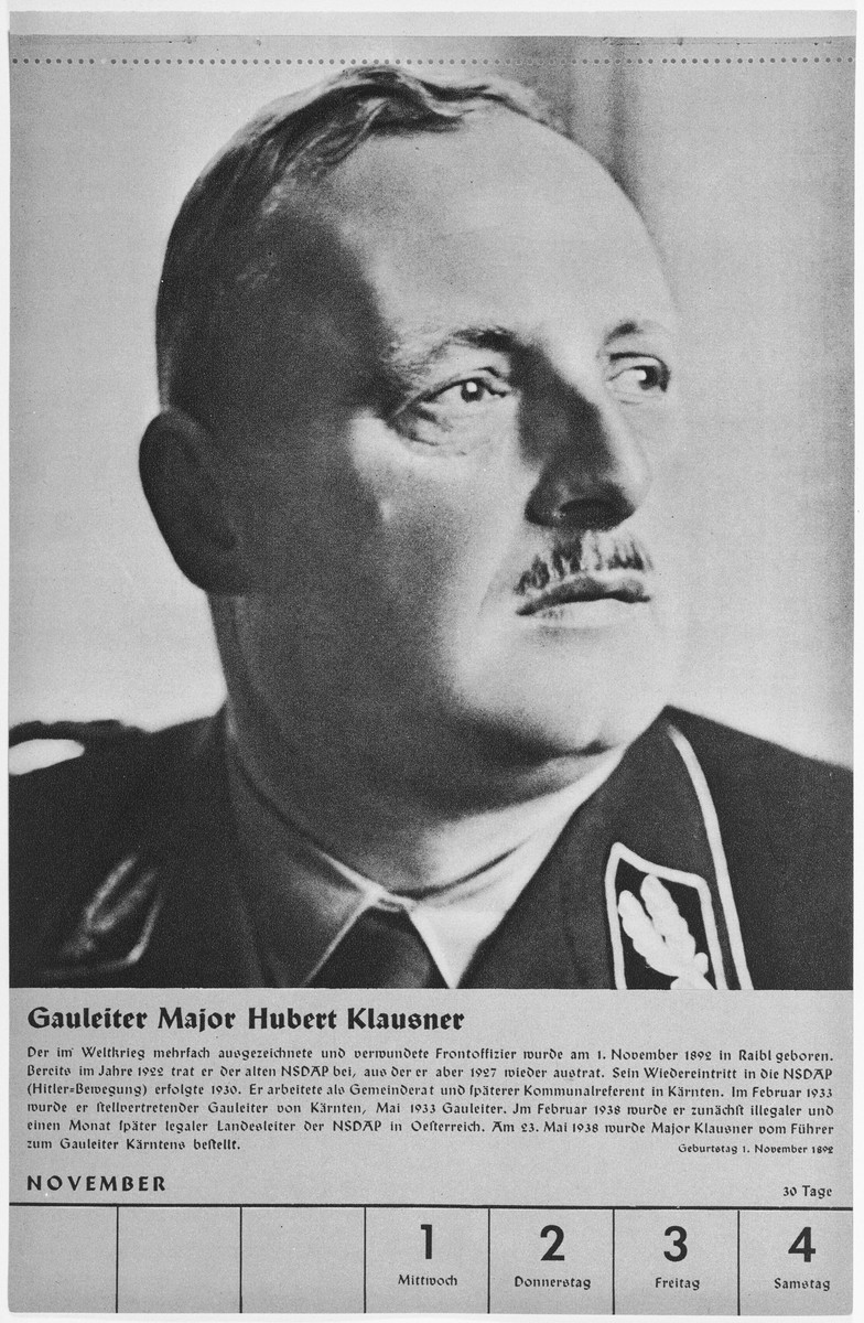 Portrait of Gauleiter Major Hubert Klausner.

One of a collection of portraits included in a 1939 calendar of Nazi officials.