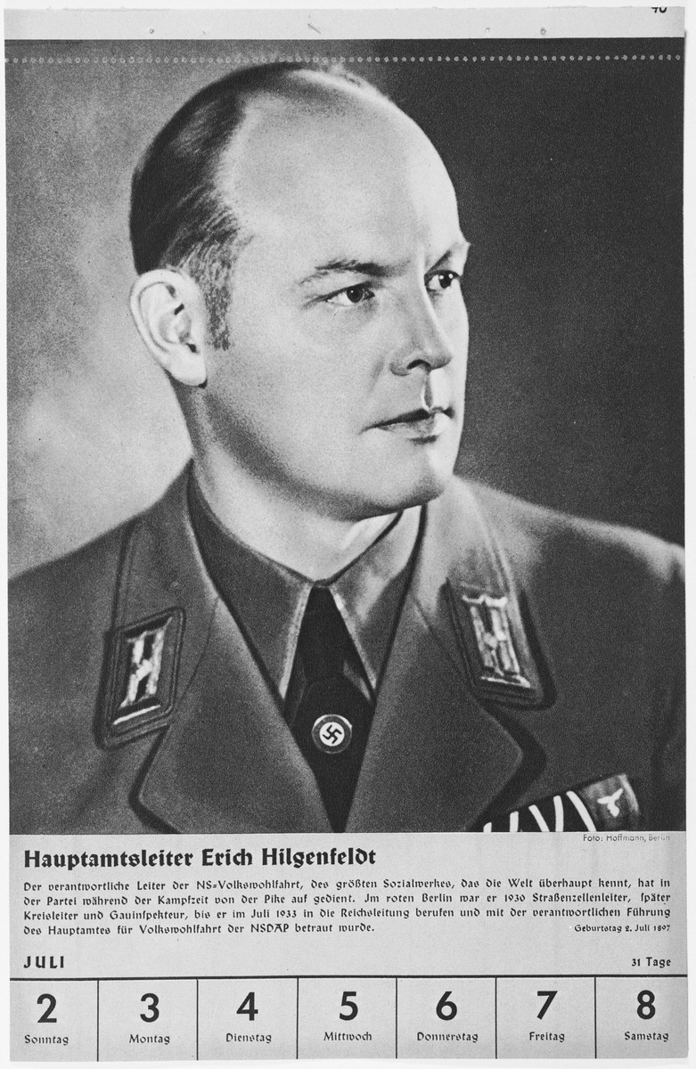 Portrait of Hauptamtsleiter Erich Hilgenfeldt.

One of a collection of portraits included in a 1939 calendar of Nazi officials.