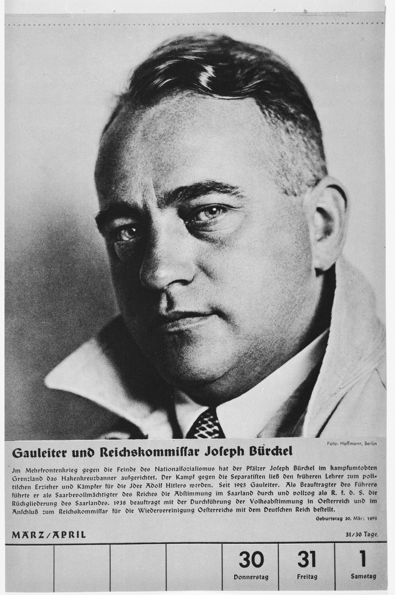 Portrait of Gauleiter and Reichskommissar Joseph Buerckel.

One of a collection of portraits included in a 1939 calendar of Nazi officials.