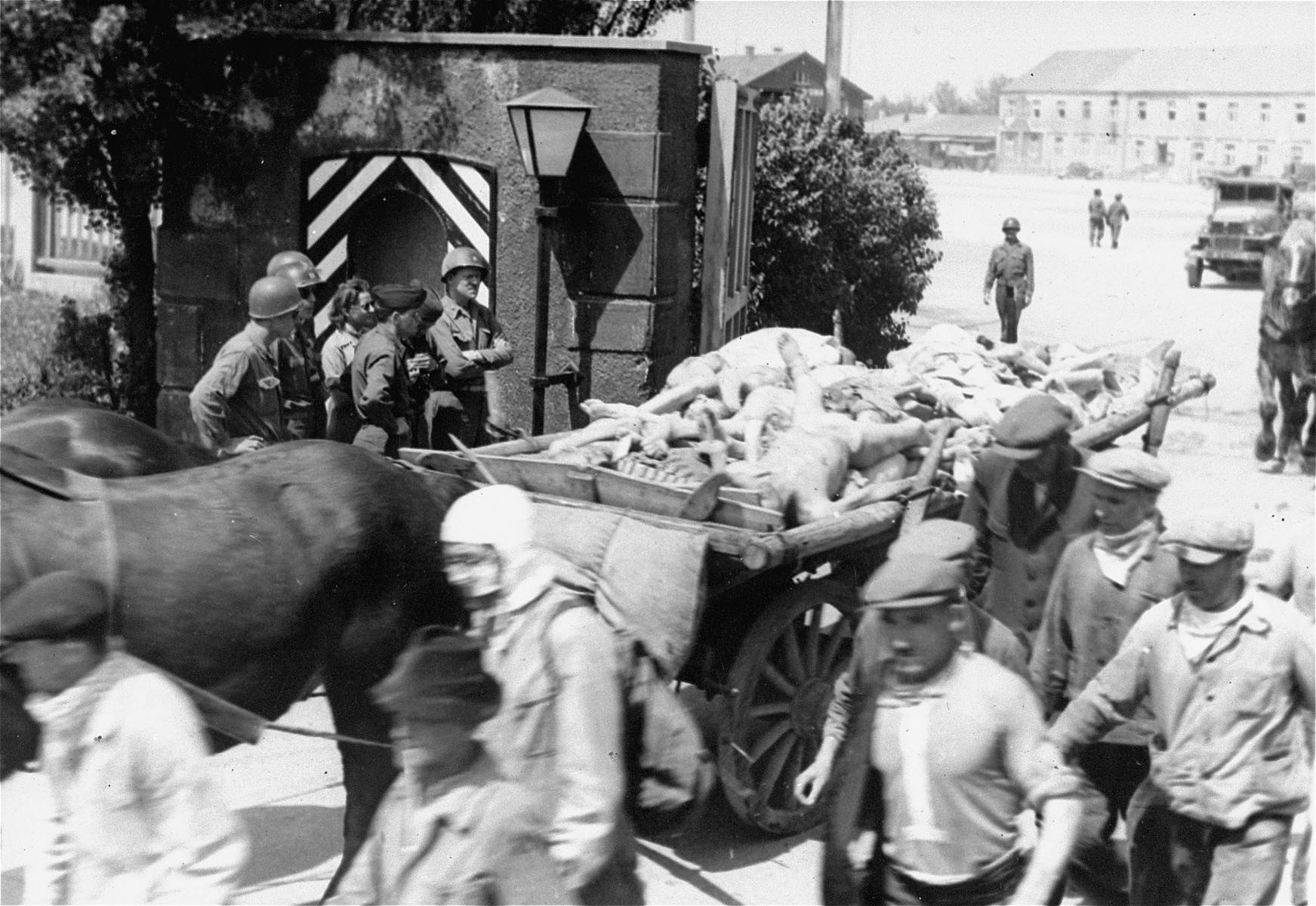 American soldiers watch carts laden with corpses pass out of the Dachau concentration camp.  Allied authorities required local farmers to drive their loaded carts through the town of Dachau as an education for the inhabitants.