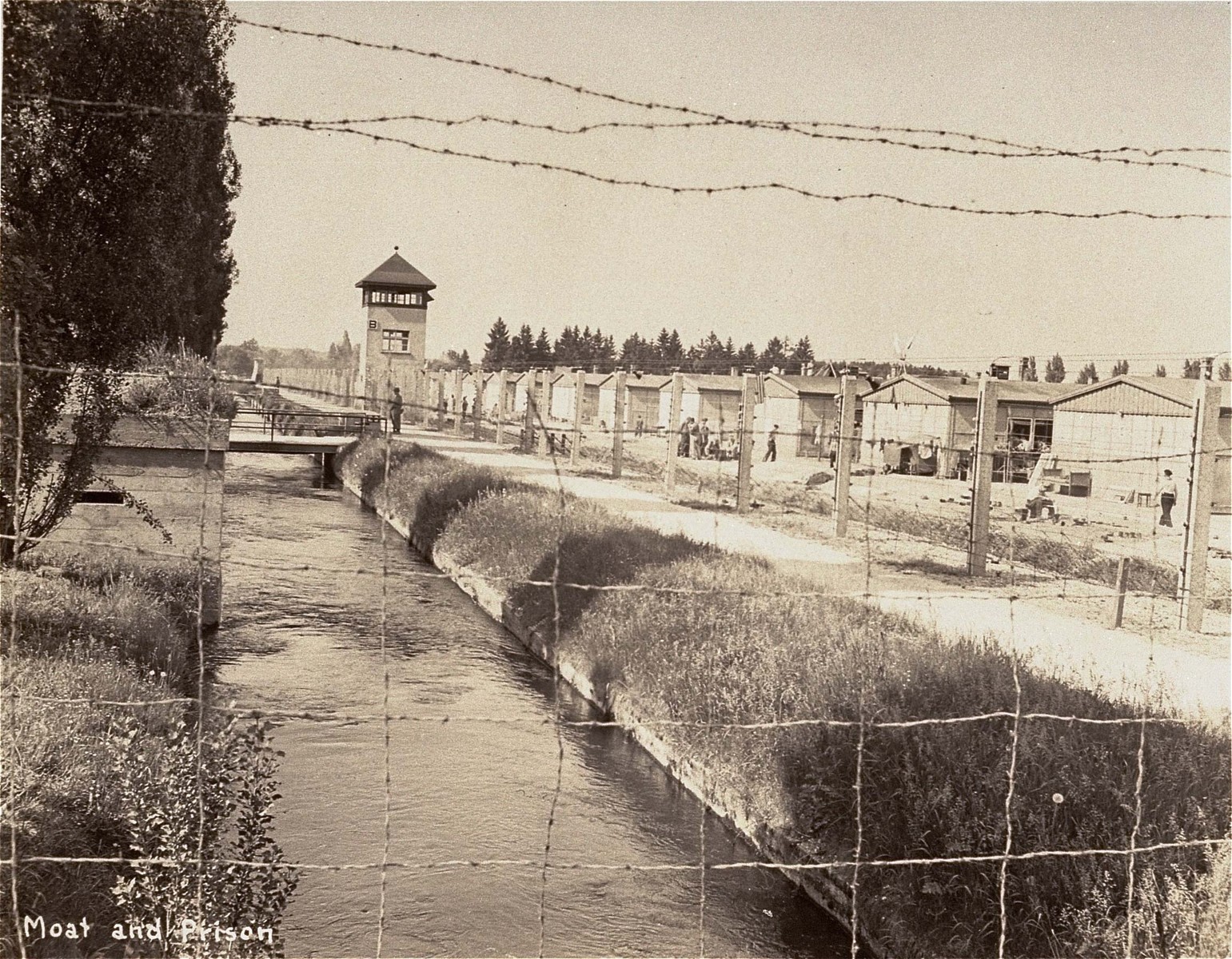 View of a section of the newly liberated Dachau concentration camp as seen through the barbed wire fence.