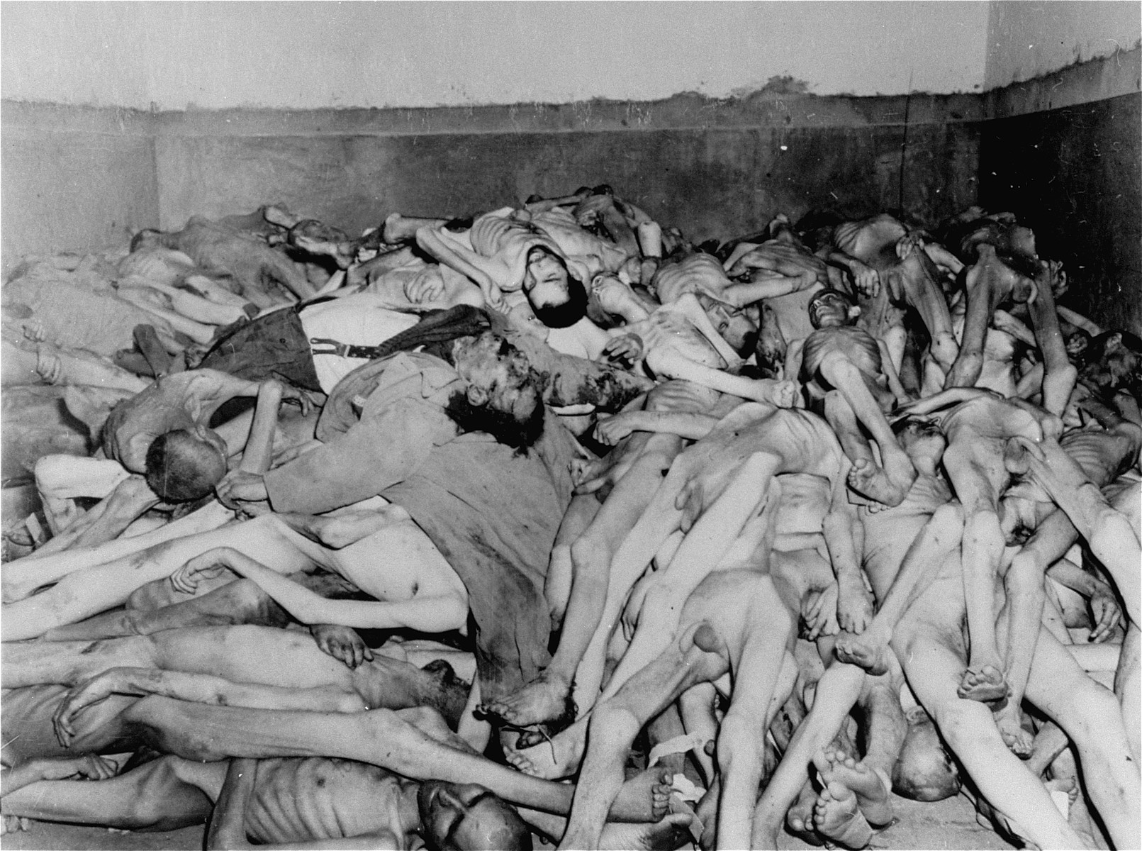Corpses piled in the crematorium mortuary.  These rooms became so full of bodies that the SS staff and survivors began piling corpses behind the crematorium, where they were found by U.S. troops.