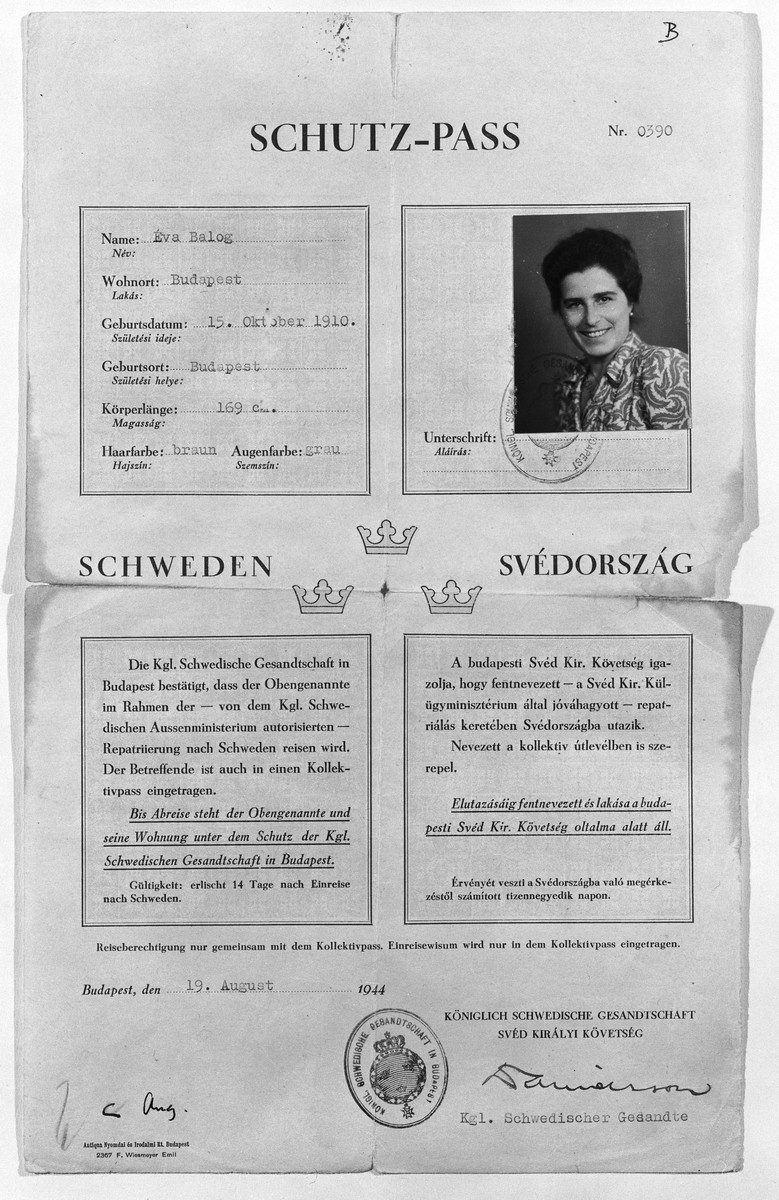 Swedish Schutzpass issued to Eva Balog (b. October 15, 1910) and signed by Carl Ivan Danielsson.