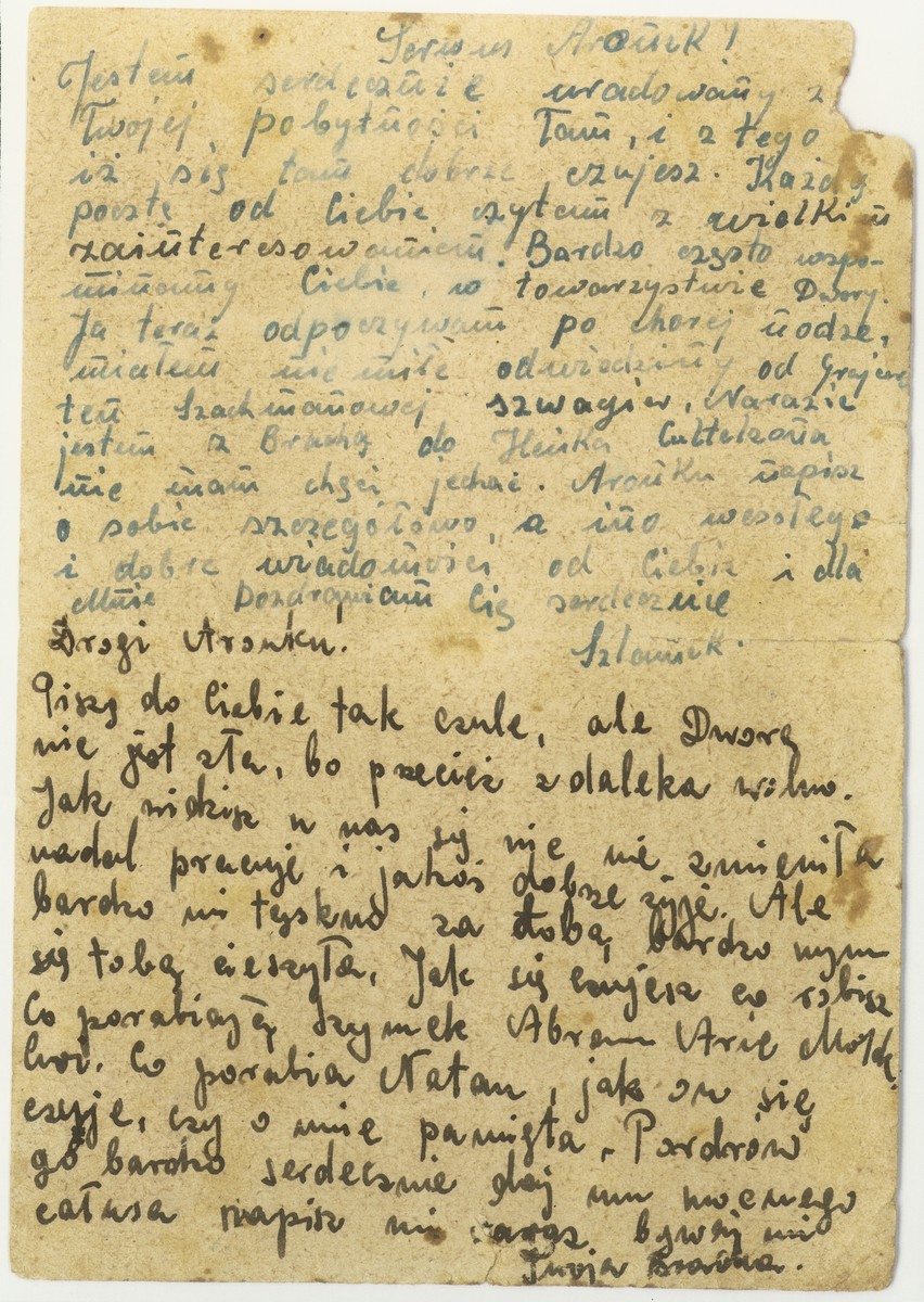 A postcard written by Szlamek and Bracha (Chmielnicka) [illegible last name] to Aron Gepner, a Polish Jew who has been interned in the Tittmoning transit camp in Germany.  

Both are asking for help, listing different people that might possibly be able to assist them in getting to Switzerland.  Natan Szwalb, who is mentioned several times in the correspondence, succeeded in sending Swiss papers to some Bedzin Jews.