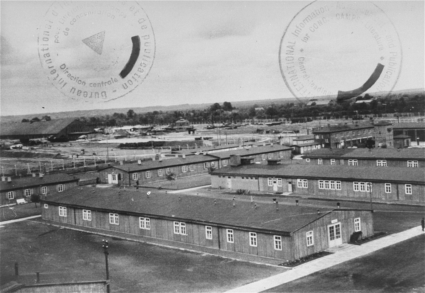 A view of the Neuengamme concentration camp.  On the left is the camp brick factory.