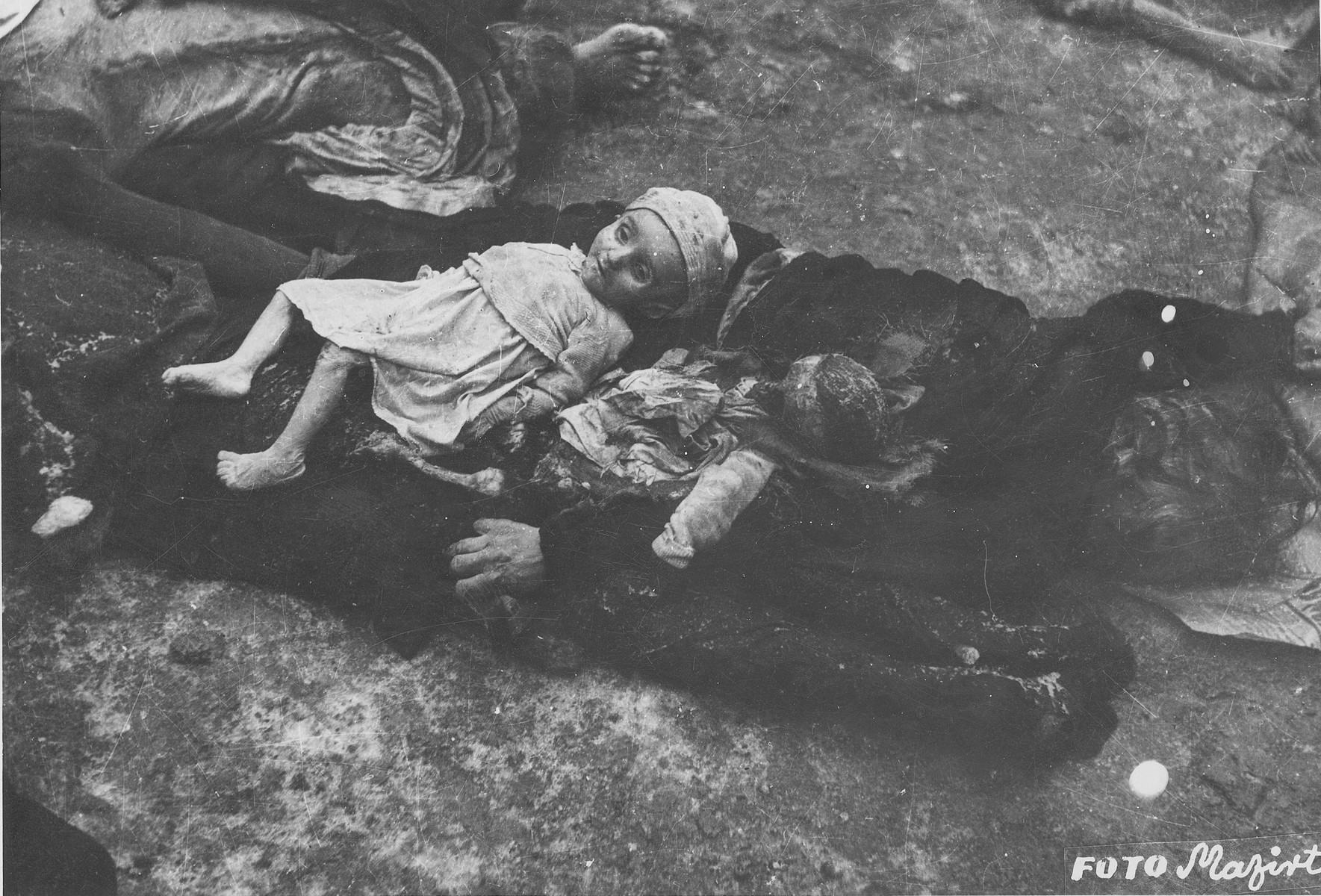 Corpses of Jewish children in the courtyard of the Dohany Street Synagogue.

During the last few months of the war in Hungary, the Nyilas (Arrow Cross) exploited the anarchic conditions in the areas still under their control to continue their excesses against the Jews.  This was particularly true in Budapest, despite the fact that the Soviet army had completely encircled the city by December 27, 1944.  The reign of terror that had begun with Szalaszi's assumption of power on October 15, 1944, went almost completely unchecked after the beginning of the Soviet siege on December 9.  Gangs of armed Nyilas--mostly teenagers--roamed the city hunting for Jews in hiding.  They searched them out in hospitals, shelters, homes outside the ghetto, in the International Ghetto, and in the large ghetto.  After robbing the Jews of their remaining valuables, the Nyilas shot them on the spot or marched them to the banks of the Danube, where they shot them, and threw their bodies into the river.  A large number of Jews who were murdered in the ghetto were buried in mass graves in the courtyard of the Dohany Street Synagogue.

The most horrific of these attacks occurred on the Pest side of the capital, at the two Jewish hospitals located on Maros and Varosmajor streets.  The Maros Street hospital, which had operated under the protection of the International Red Cross during the German occupation, was attacked on January 11, 1945.  After the initial melee, during which Nyilas gang members wantonly destroyed hospital equipment, threw patients out of their beds and trampled them, and murdered staff members, survivors were ordered to dig a mass grave, remove and bury the bodies.  They were then shot and buried in the grave themselves.  Only one nurse survived of the 92 people that were in the hospital at the time.  Three days later, on January 14, the hospital on Varosmajor Street was attacked, resulting in the deaths of 150 patients and medical staff.  These manhunts and massacres continued unabated until the liberation of Budapest in April.  [R. Braham, "The Politics of Genocide," vol. 2: 995-1007]