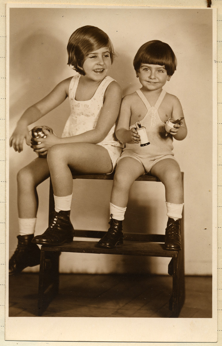 Studio portrait of two Czech-Jewish siblings sitting on a step-stool.

Pictured are Marietta and Michael Grunbaum.