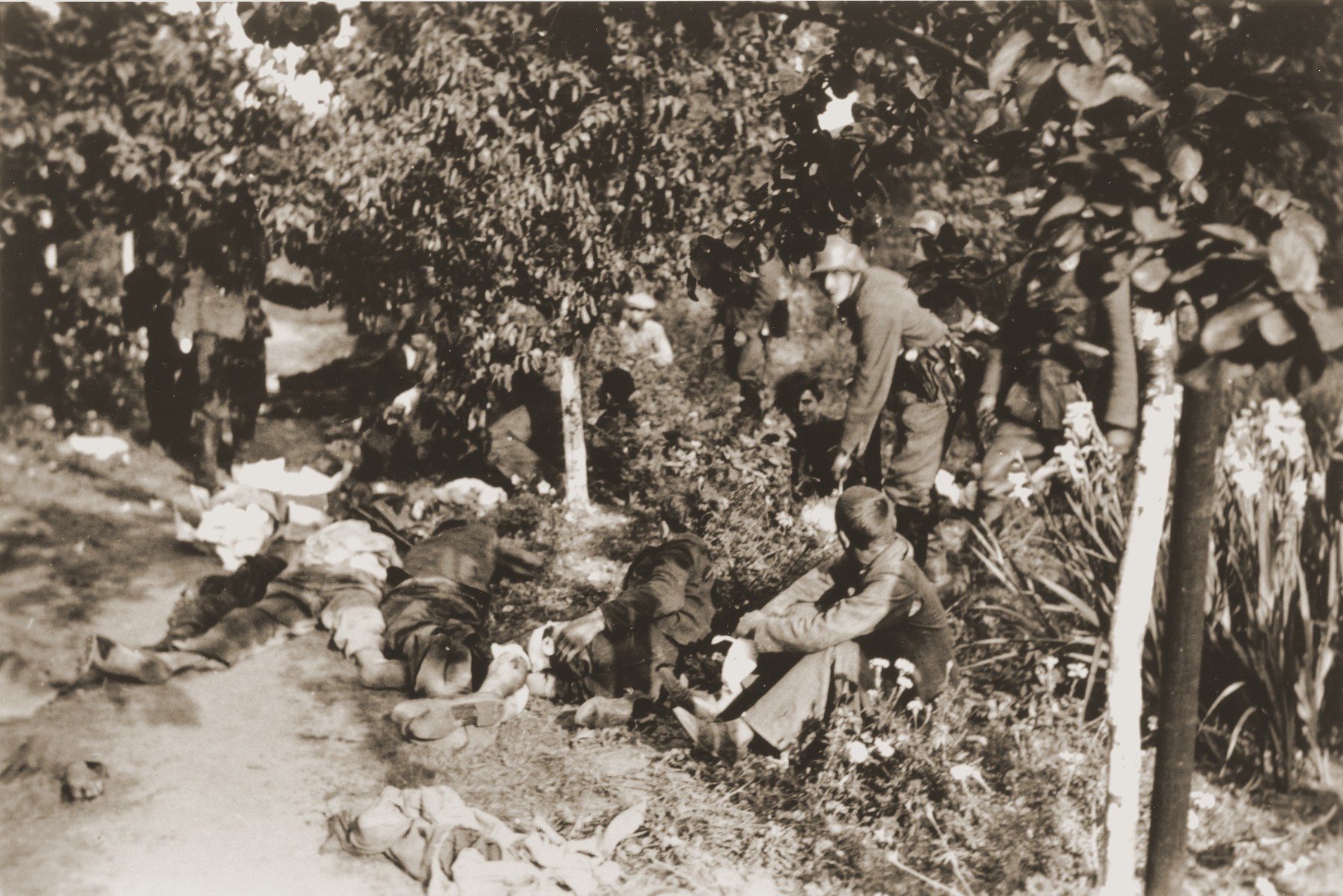 A young man, sitting among the bodies of murdered civilians in a park-like setting, has his head turned toward the German soldier standing over him. 

One photograph from an album belonging to a member of a Wehrmacht machine gunners' unit, which was found after the war by Lorenzo Hawkins (the donor's grandfather), an American serviceman in Company B, 56th Armored Engineer Battalion.