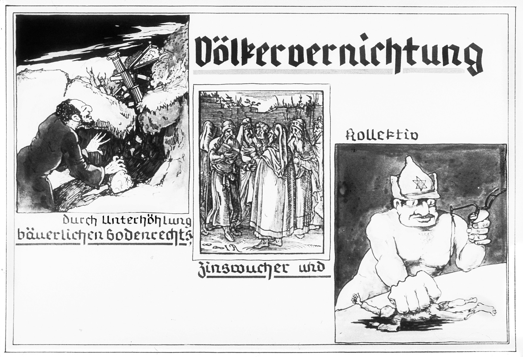 Propaganda slide entitled "Destruction of peoples through undermining peasant land laws, usury and collectivization."