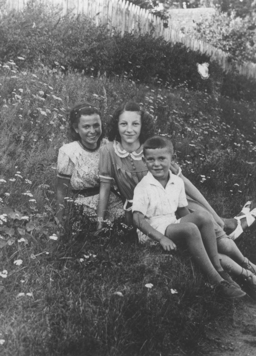 Nachama Kagan sits on the grass in a field of flowers with her cousins Nachama Gurevitz and Berele Kapushevski.  All perished during the war.