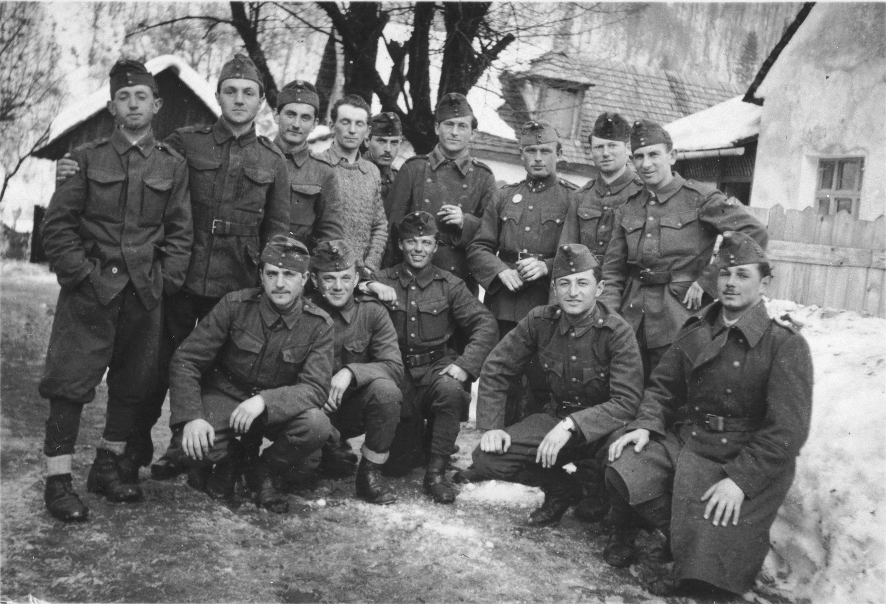 Group portrait of Jewish soldiers in the Hungarian army.

Jeno Lebowiz is pictured kneeling second from the right.  Also pictured are Klein (front row, center) and Greenstein (standing, second from the right).
