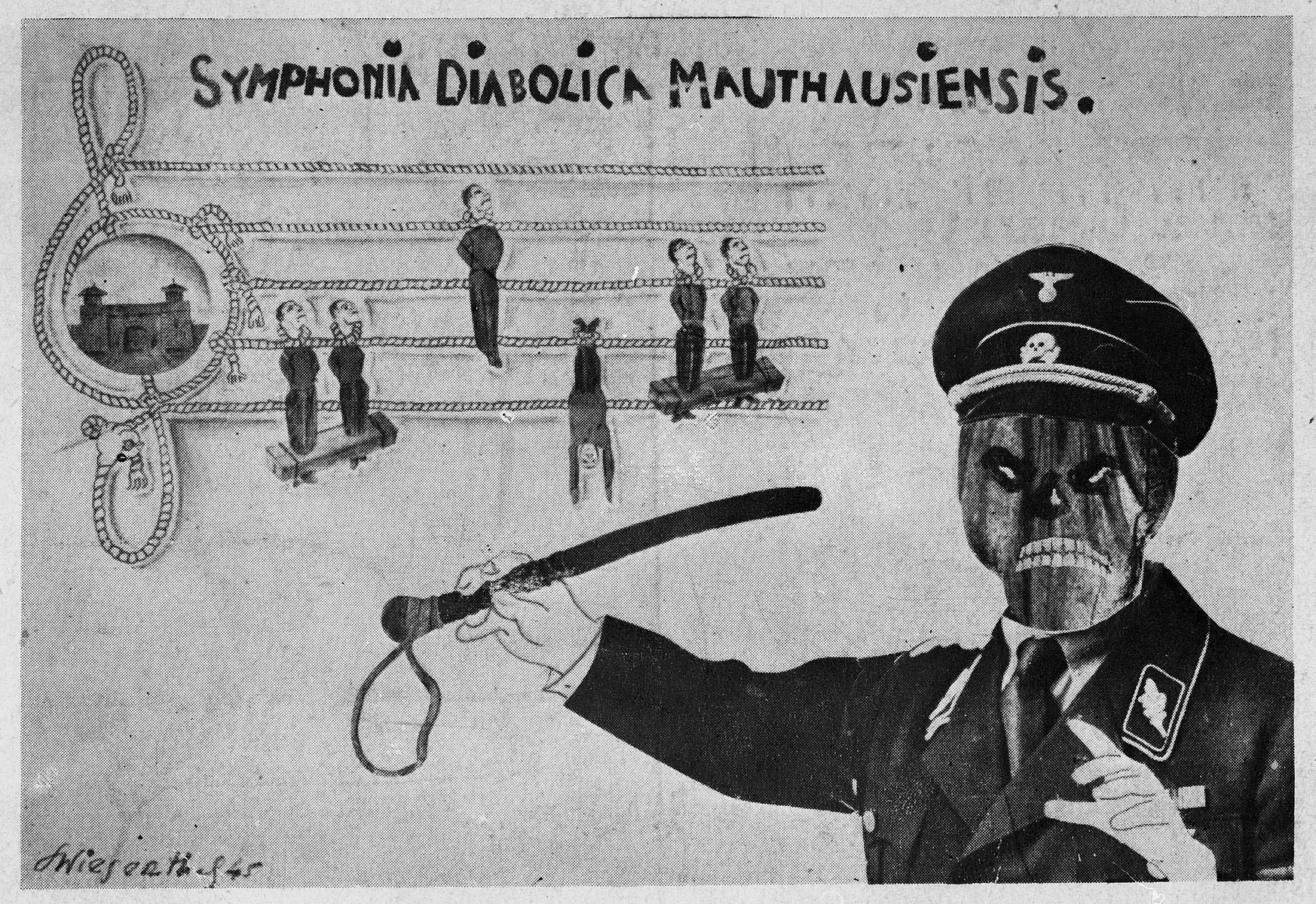 Postcard showing a cartoon drawing entitled "Symphonia Diabolica Mauthausiensis" issued on the first anniversary of the liberation of Mauthausen and [possibly drawn by Simon Wiesenthal].