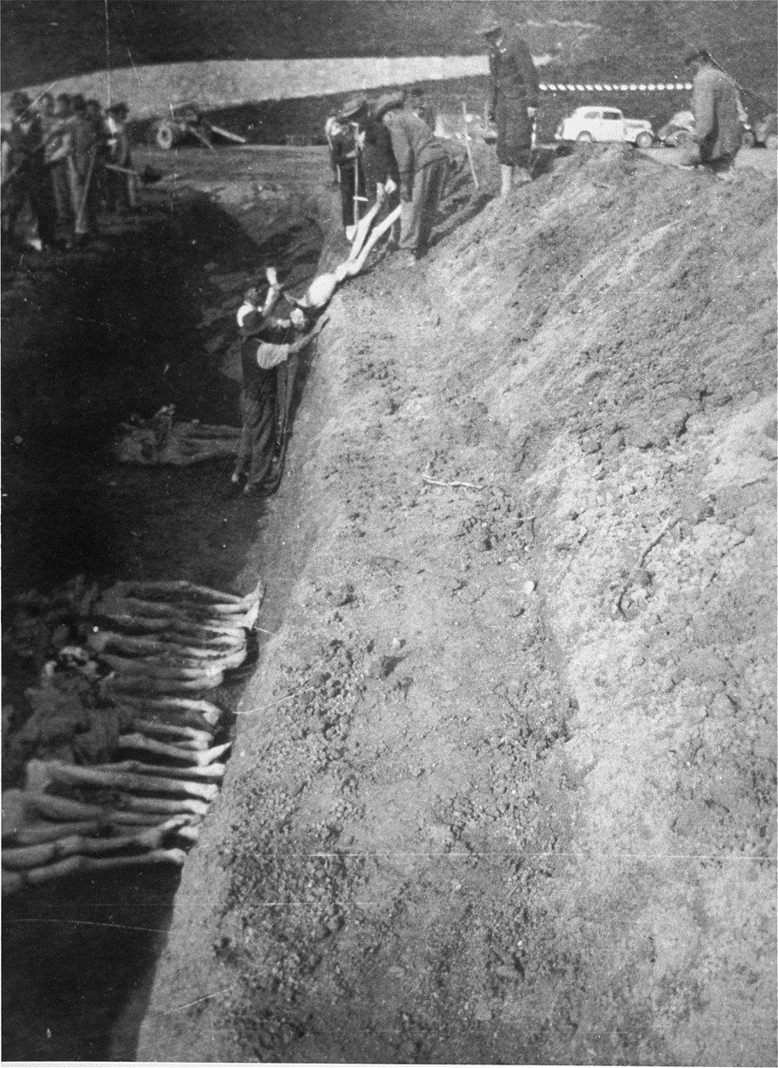 Austrian civilians drop the bodies of former prisoners into a mass grave at Mauthausen.