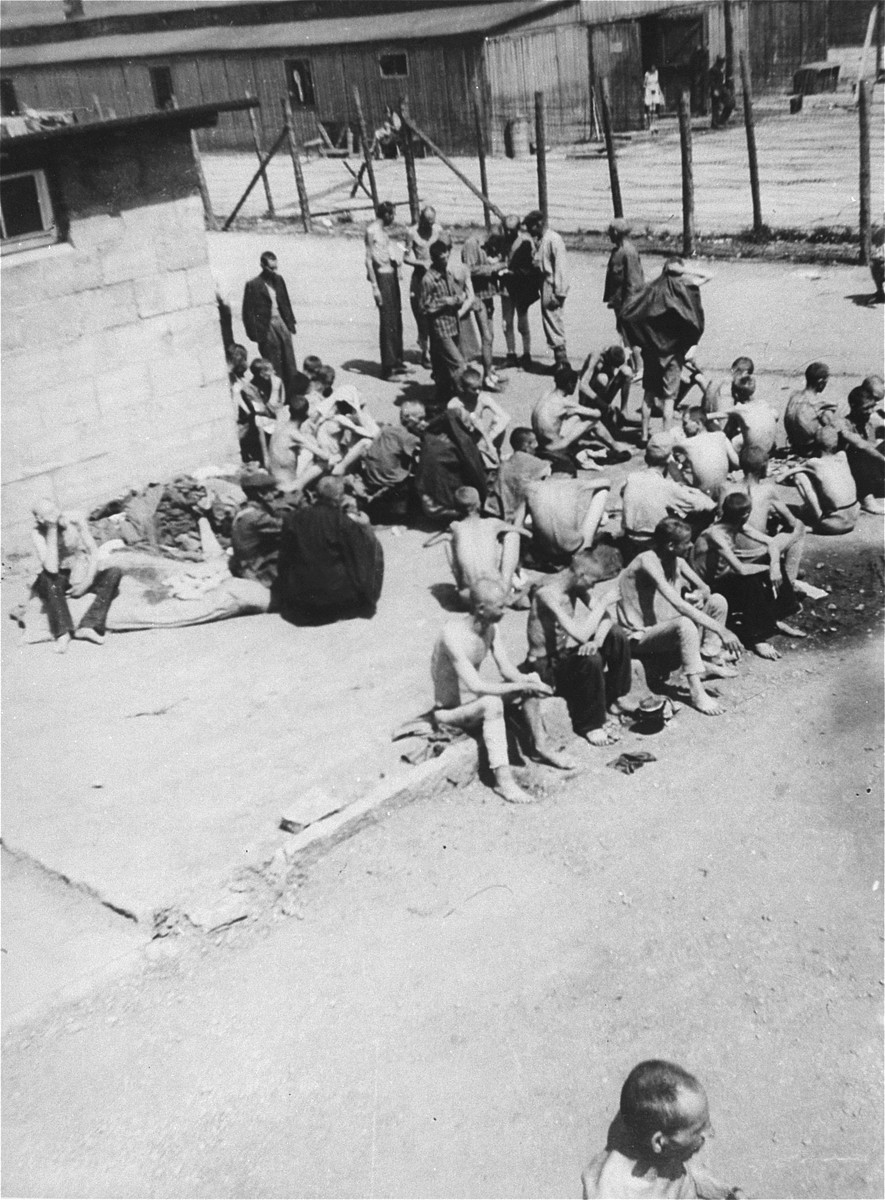 Survivors in the "quarantine camp" section of Mauthausen after liberation.