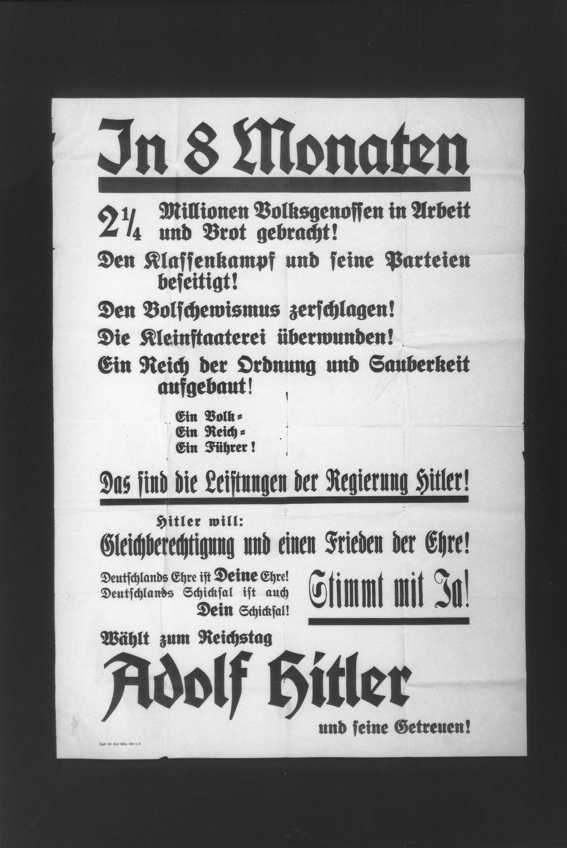 NSDAP election poster entitled "In 8 Months," listing the major successes of the Nazi regime.