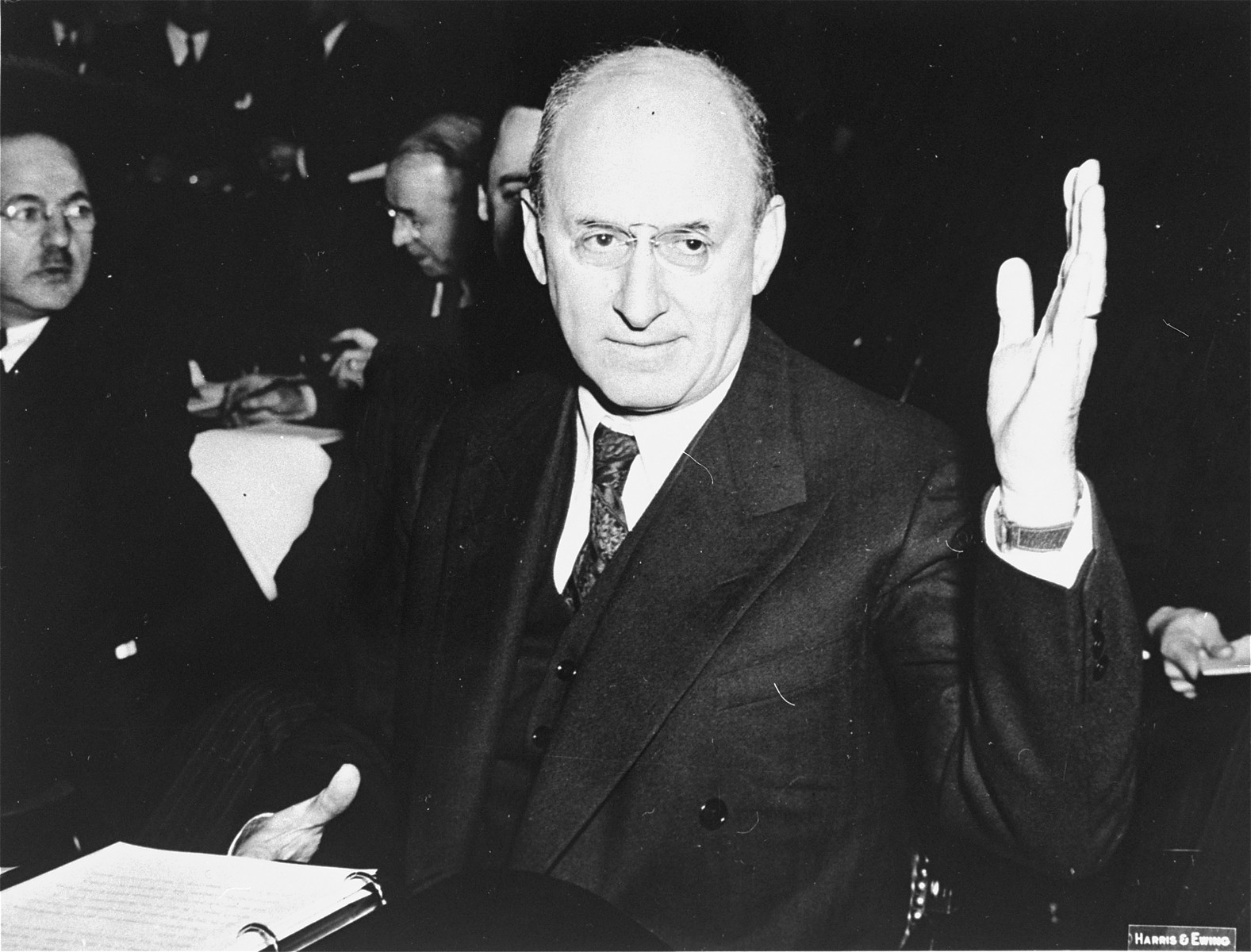 Henry Morgenthau testifies before the Senate Foreign Relations Commission in support of the Lend-Lease bill to aid Britain.

Henry Morgenthau Jr. (1891-1967). Secretary of the Treasury under Franklin Roosevelt, and highest ranking Jew in the administration.  In January 1944, after receiving a report prepared by his subordinates on "the acquiescence of this government in the murder of the Jews," Morgenthau wrote a personal report to the President which led to the establishment of the War Refugee Board.  After the war he became Chairman of the UJA (1946-50) and became involved with many Zionist causes.