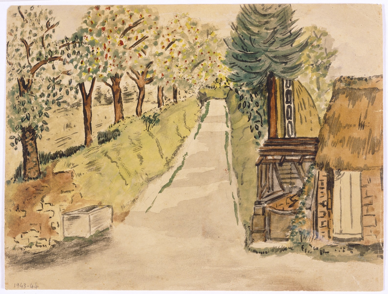 Watercolor painting by Simon Jeruchim.

The painting depicts a road in La Renouardiere, near the home of the artist's rescuer, Madame Prim.  The road led to the village.  An apple orchard is pictured on the left, and a well where they fetched water for their daily needs is seen on the right.