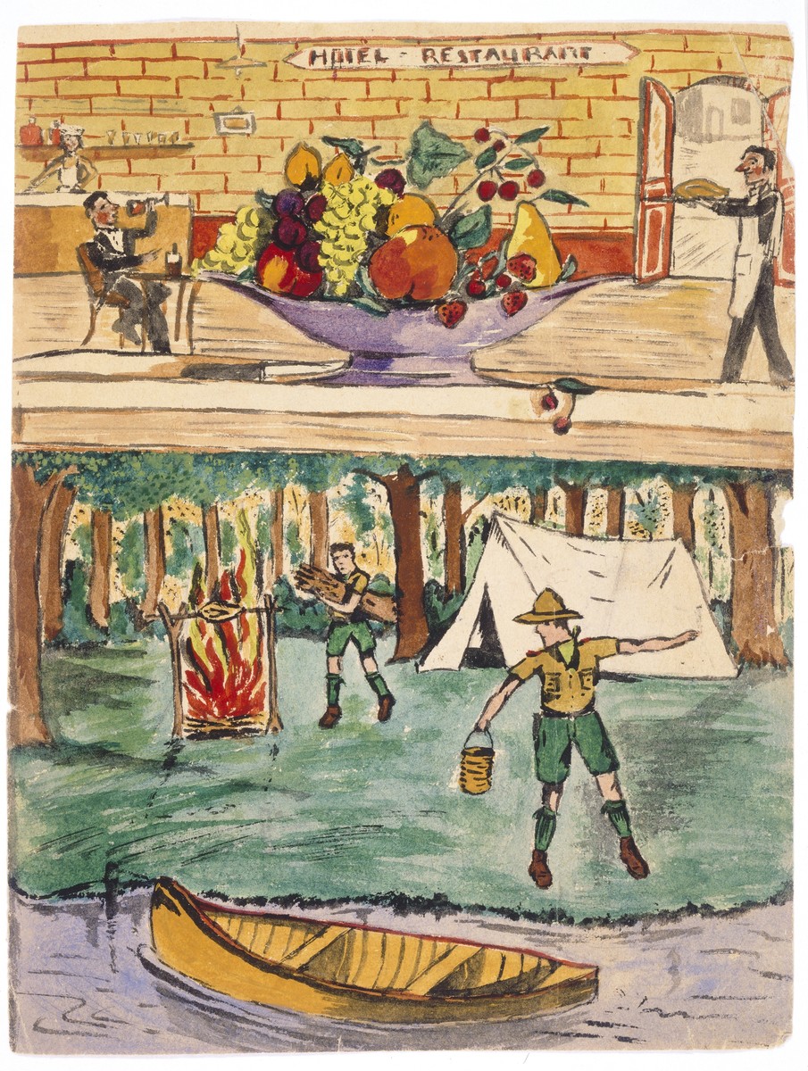 Two watercolor paintings by Simon Jeruchim.

The top painting entitled "Hotel Restaurant," is the first still life the artist ever drew.  Below is a depiction of a boy scout encampment.  The artist, who had always longed to be a boy scout, was given a scouting hat by a neighbor that left for America before the war.