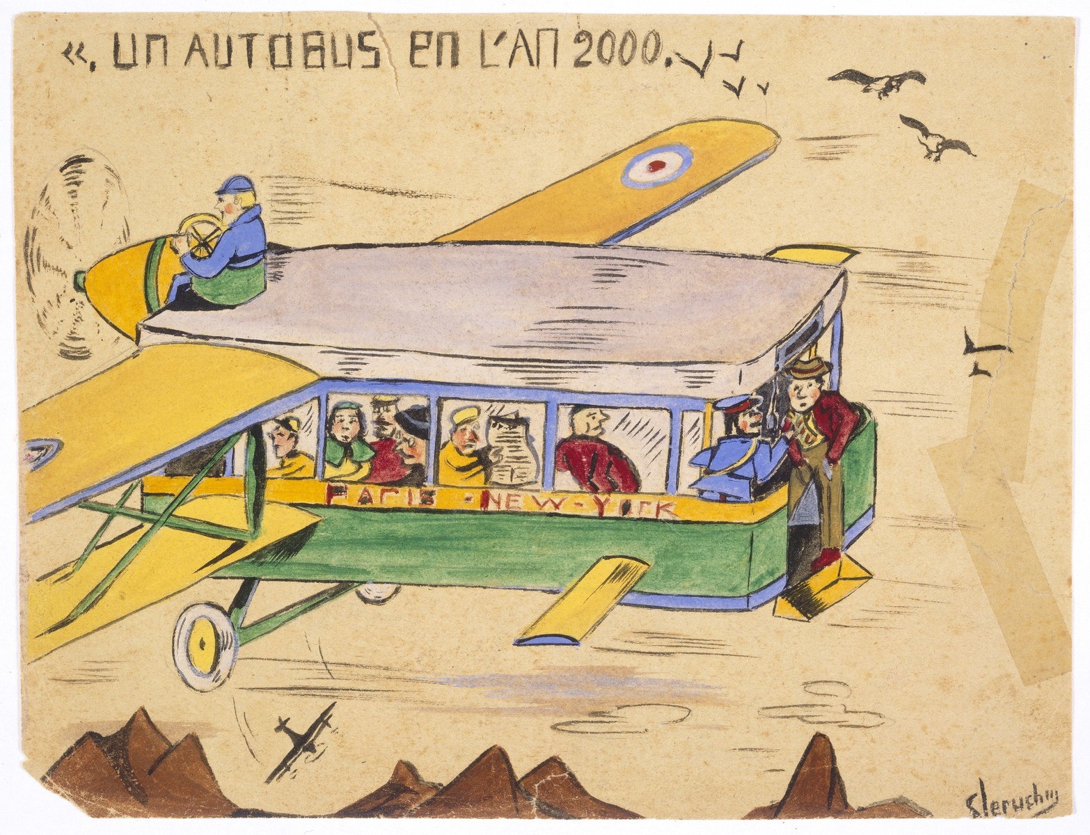 Watercolor painting by Simon Jeruchim entitled "A Bus in the Year 2000," depicting an airplane with the body of a bus.