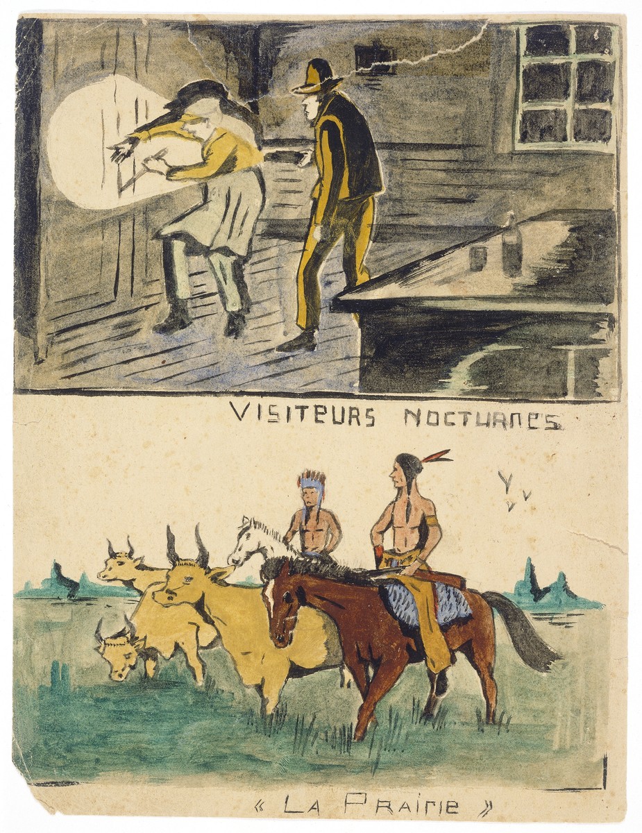 Two watercolor paintings by Simon Jeruchim, entitled "Nocturnal Visitors" (above) and "The Prairie" (below).