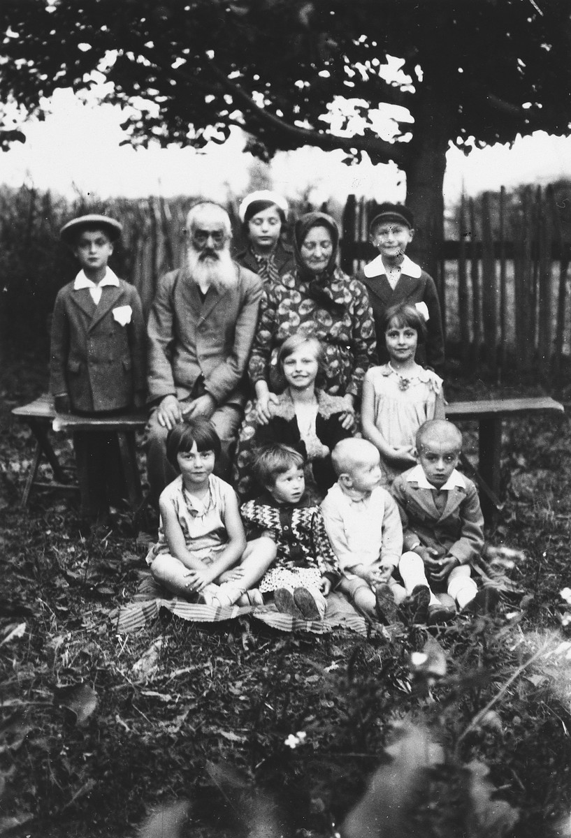 An elderly Jewish couple poses in a garden surrounded by their grandchildren.

Seated in the front row from the left are: Celia Petranker, Avram's daughter and Perel's two sons.  Second row: Pepka Petranker and Mania Petranker.  Back row: Hershel (Perel's son), Josef Petranker, Celia Petranker, Chana Lea Petranker, and Leo Petranker.