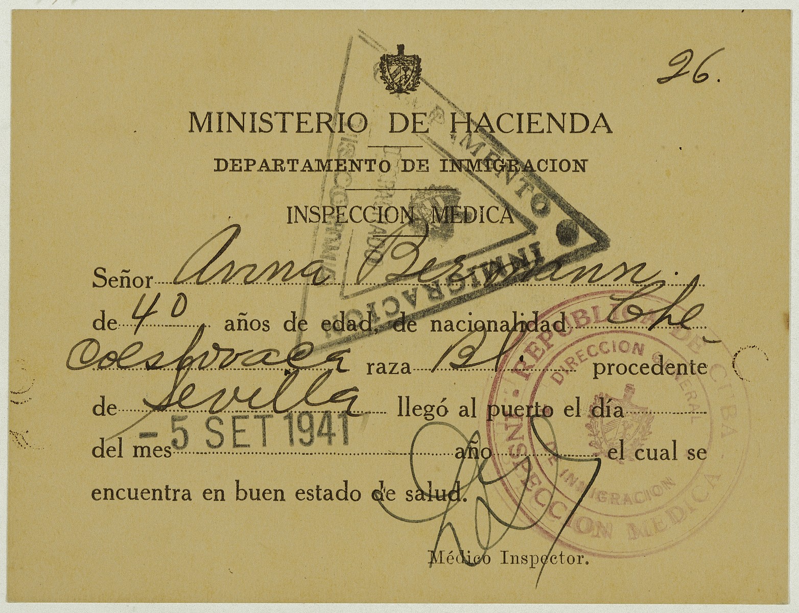 Health certificate issued to Anna Bermann allowing her to enter Cuba.