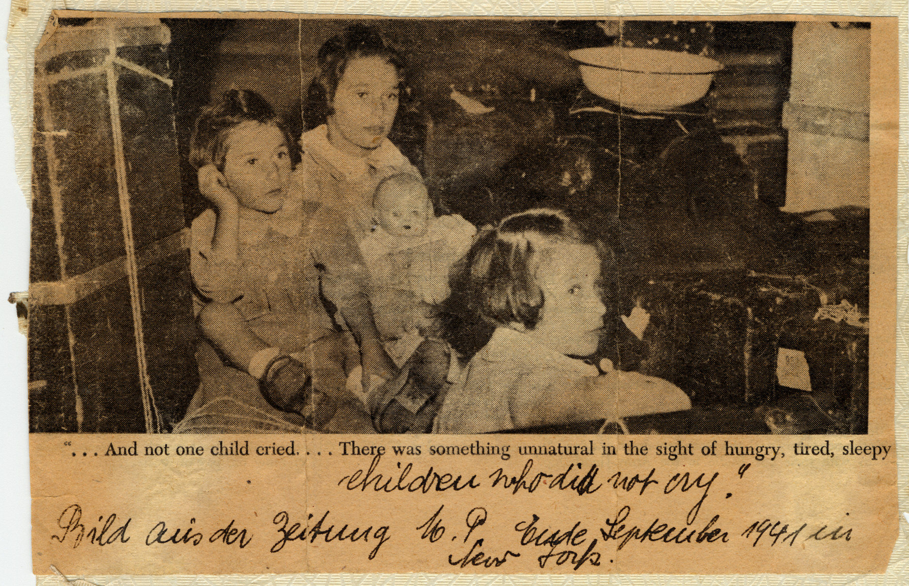 Newspaper photograph of three young sisters who arrived in New York on the overcrowded refugee ship, the Navemar.

Pictured are Karen, Marion and Renate Gumprecht.